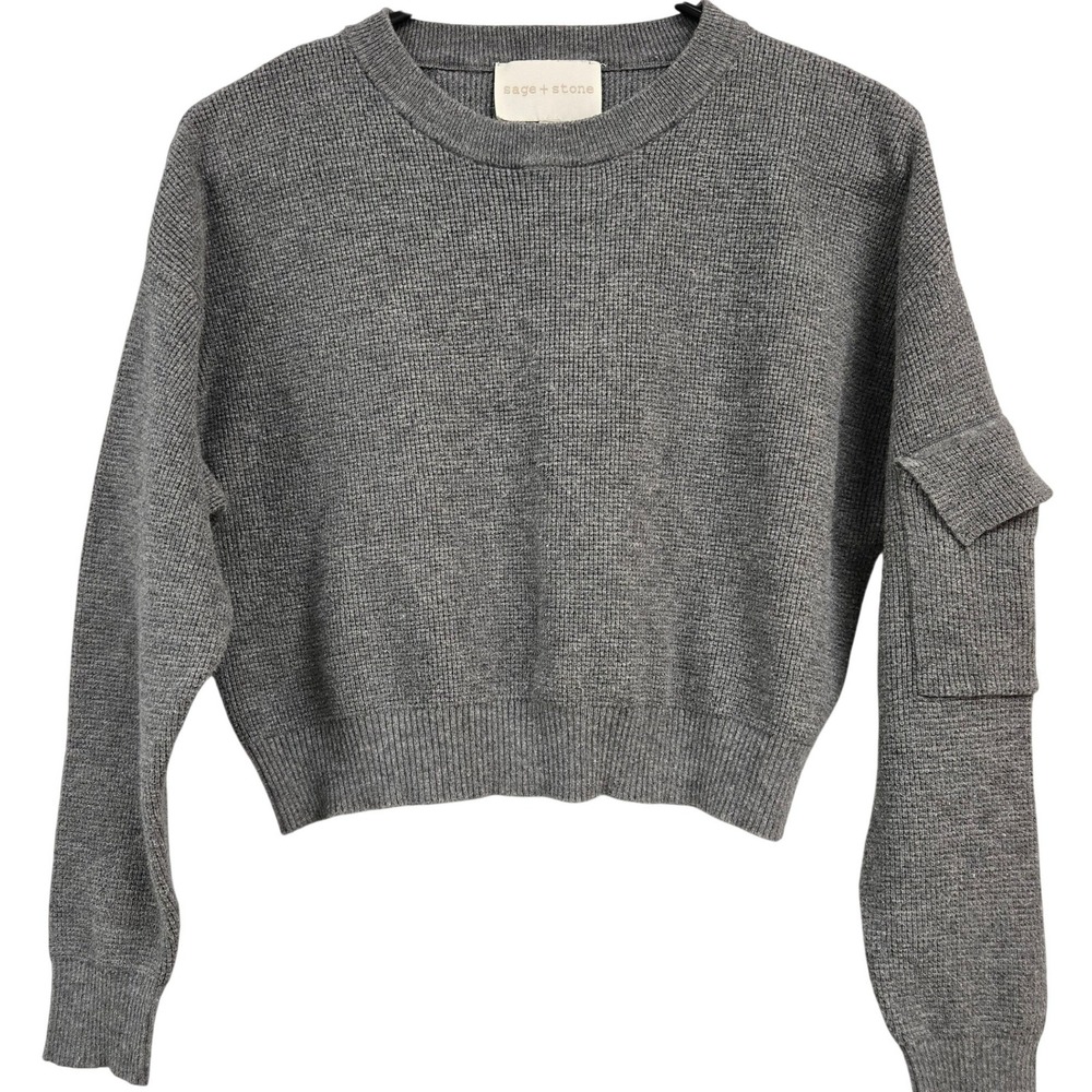Sage + Stone Women Charcoal Grey Waffle Knit Cropped Cargo Pocket Sweater S